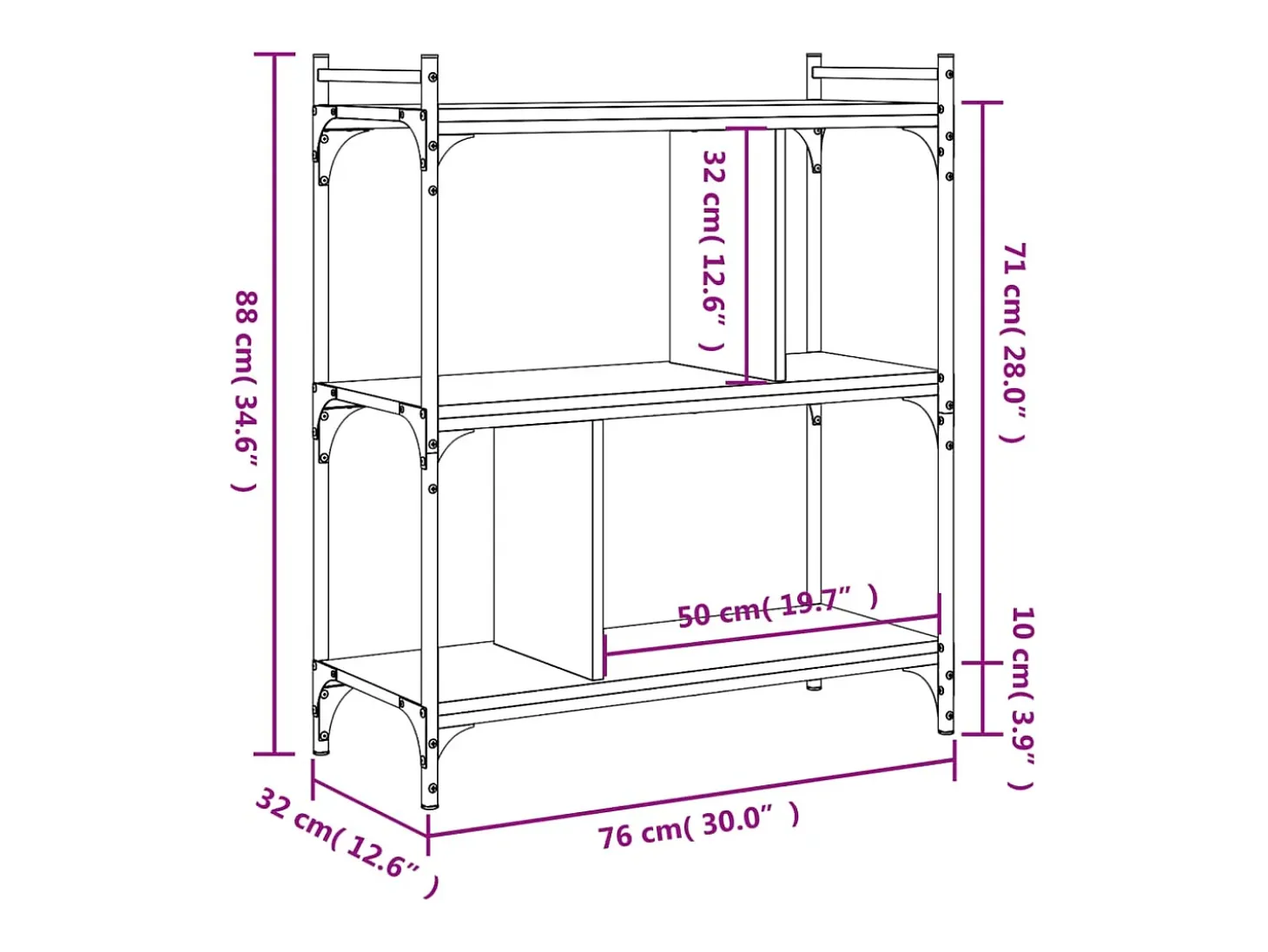 Librería 3 estantes madera ingeniería gris Sonoma 76x32x88 cm