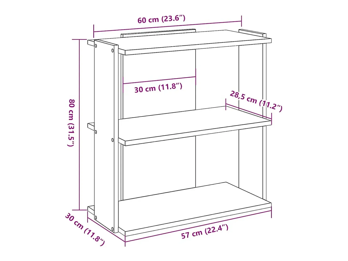 Librería 3 niveles madera ingeniería madera vieja 60x30x80 cm