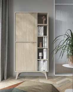 Librería: Beige Arena / Espiga Escandinava, patas de madera, 80 x 160 x 38 cm