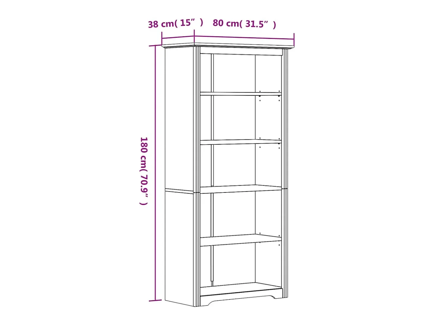 Librería BODO 5 estantes madera maciza pino marrón 80x38x180 cm