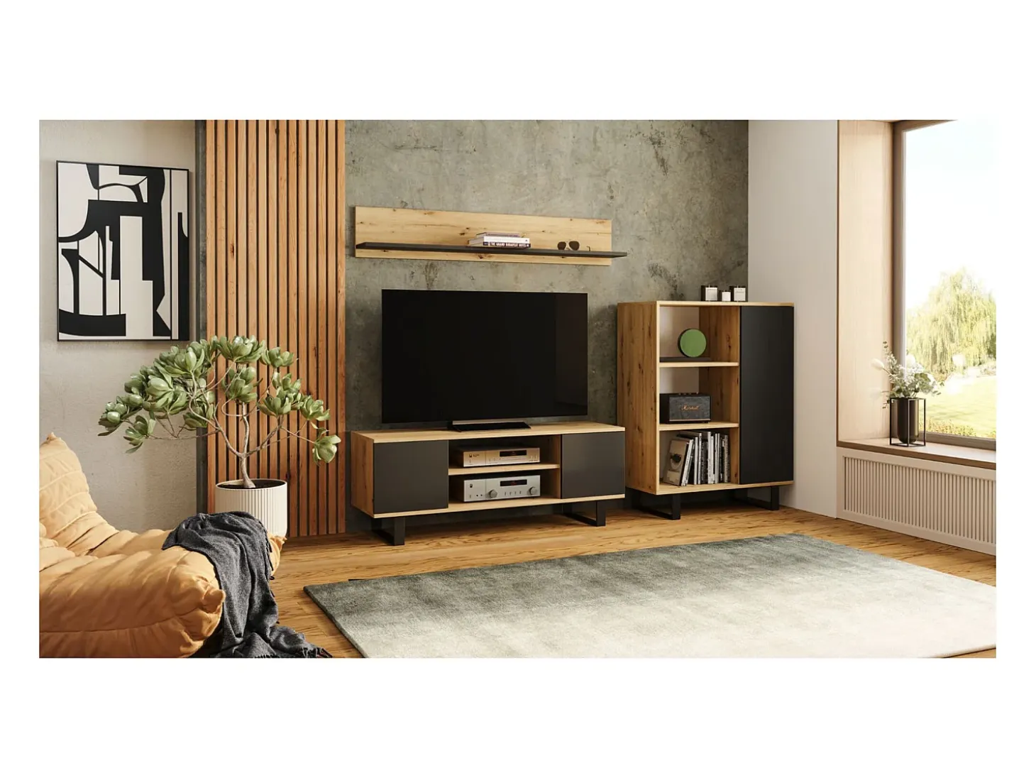 Librería Color Roble artesanal/negro 90x116x40 cm – Estilo Escandinavo con 3 Estantes, 1 Puerta y Patas Metálicas