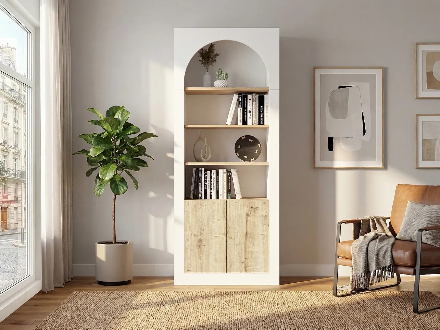 Librería con 4 huecos y 2 puertas - Blanco y natural claro - CYMORA
