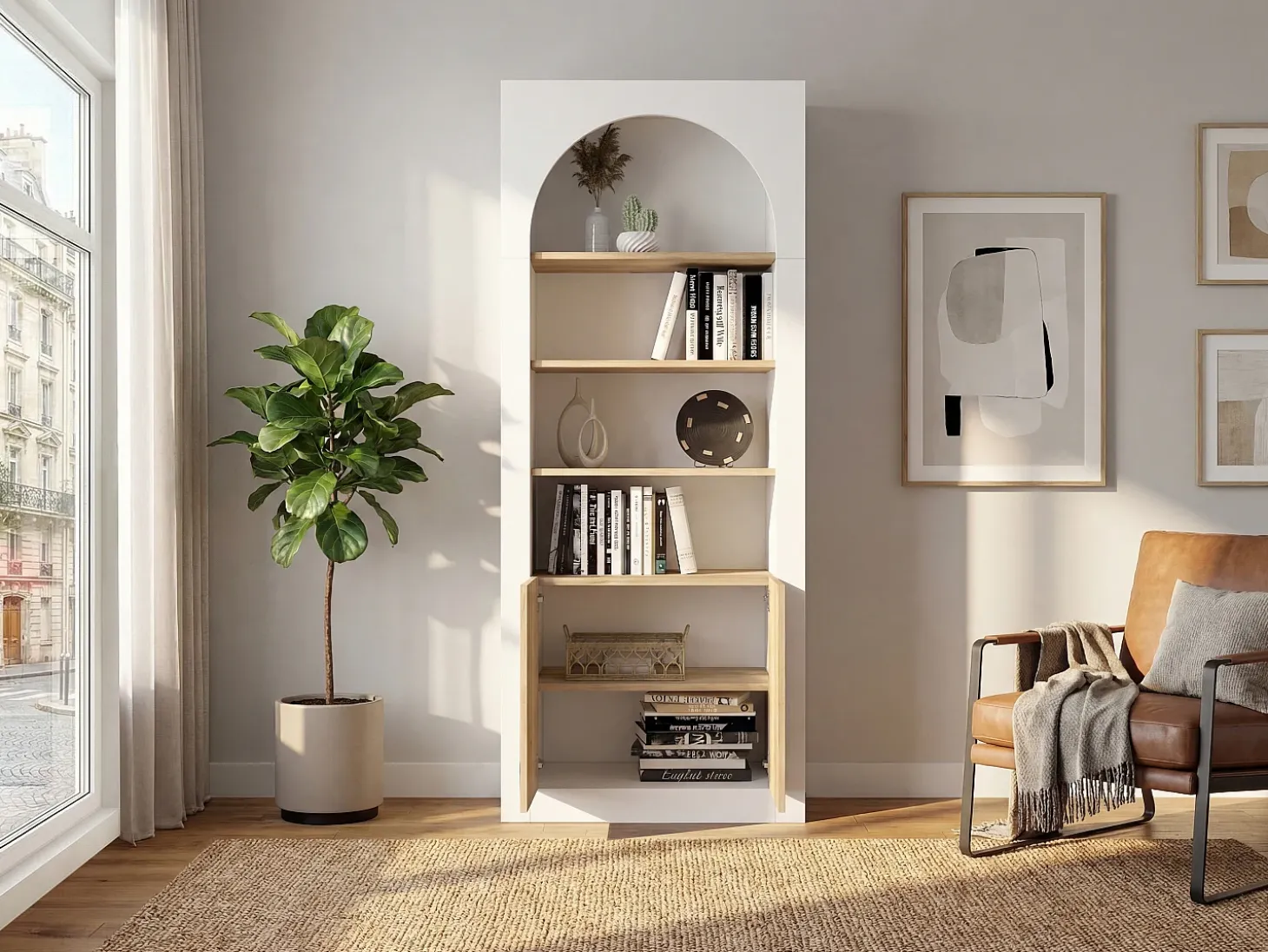 Librería con 4 huecos y 2 puertas - Blanco y natural claro - CYMORA