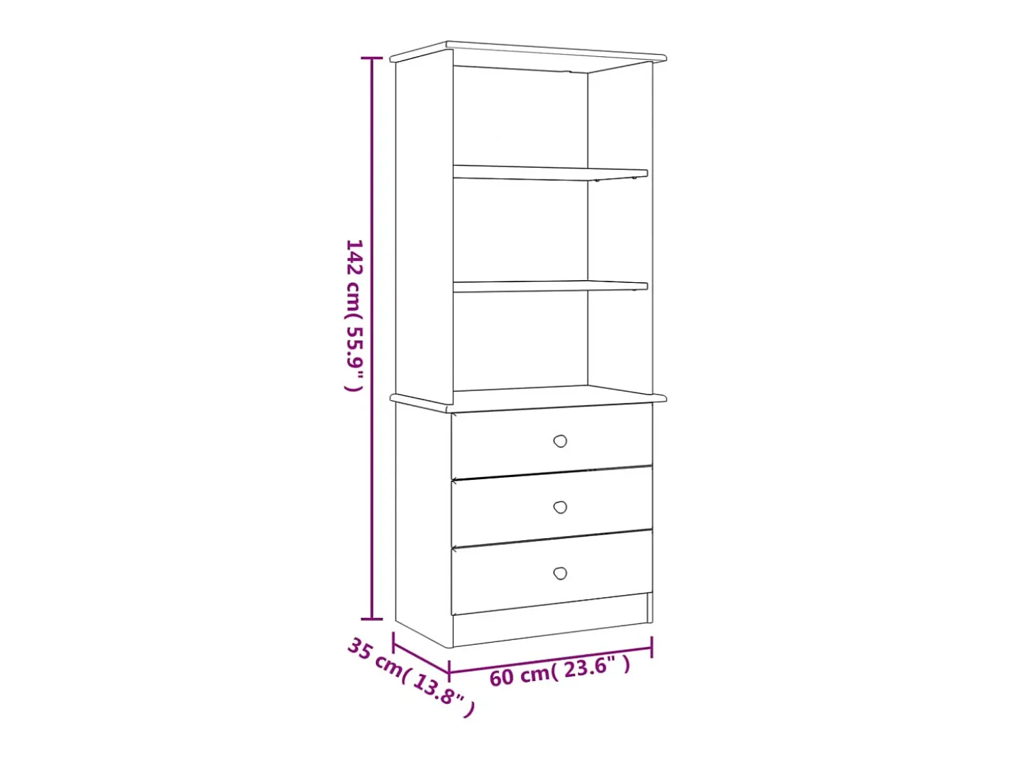 Librería con cajones ALTA madera maciza de pino 60x35x142 cm