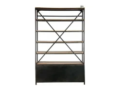 Librería con escalera de madera maciza oscura y metal negro Jibel