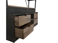 Librería con escalera de madera maciza oscura y metal negro Jibel