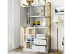 Librería de 6 estantes con una puerta y 2 cajones - 100 x 30 x 173,5 - Tablero de partículas y metal - dorado + blanco