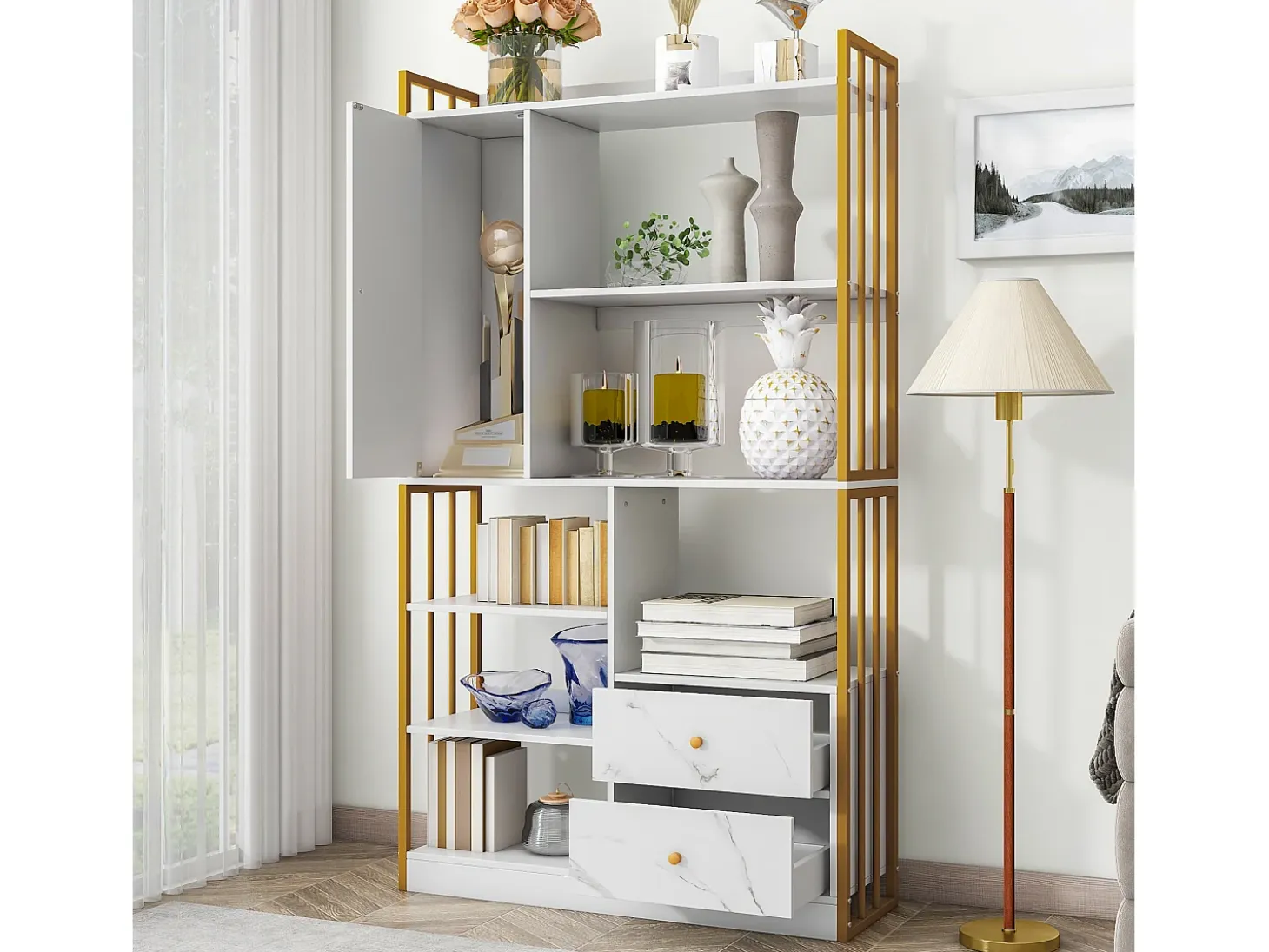 Librería de 6 estantes con una puerta y 2 cajones - 100 x 30 x 173,5 - Tablero de partículas y metal - dorado + blanco