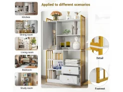 Librería de 6 estantes con una puerta y 2 cajones - 100 x 30 x 173,5 - Tablero de partículas y metal - dorado + blanco