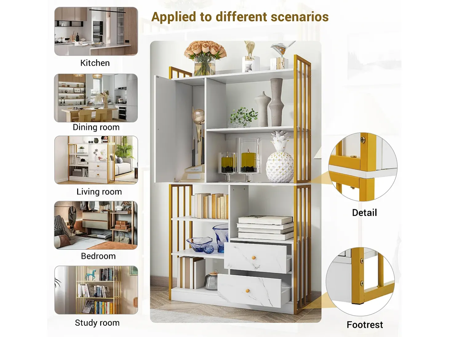 Librería de 6 estantes con una puerta y 2 cajones - 100 x 30 x 173,5 - Tablero de partículas y metal - dorado + blanco