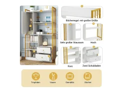 Librería de 6 estantes con una puerta y 2 cajones - 100 x 30 x 173,5 - Tablero de partículas y metal - dorado + blanco
