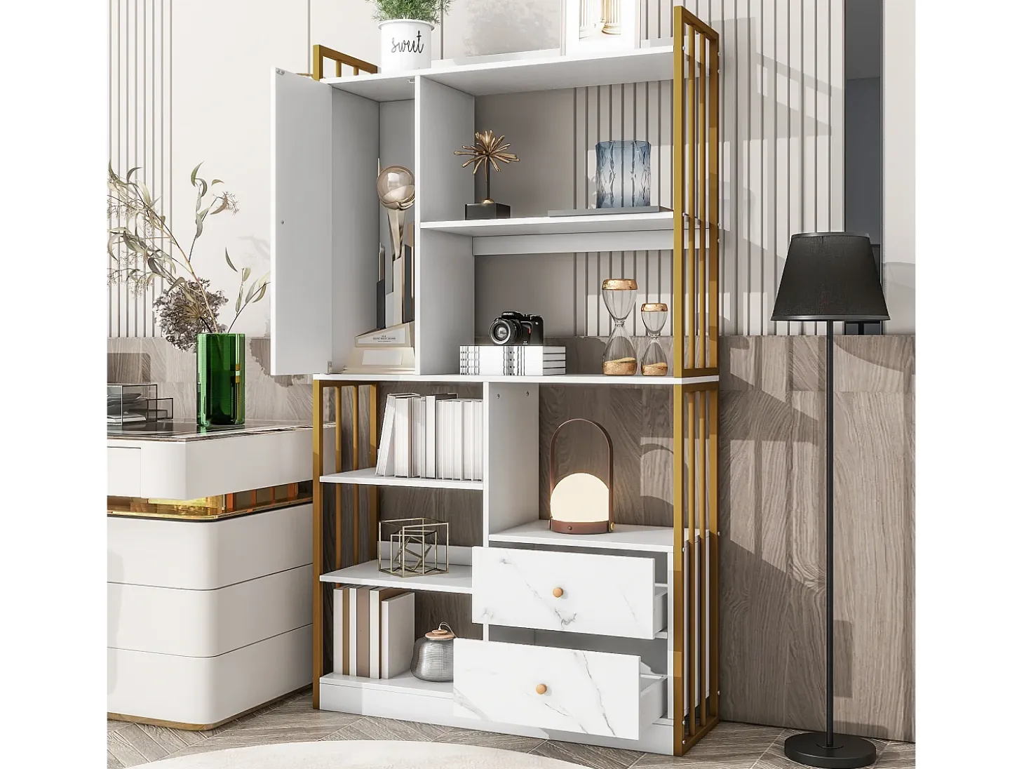 Librería de 6 estantes con una puerta y 2 cajones - 100 x 30 x 173,5 - Tablero de partículas y metal - dorado + blanco