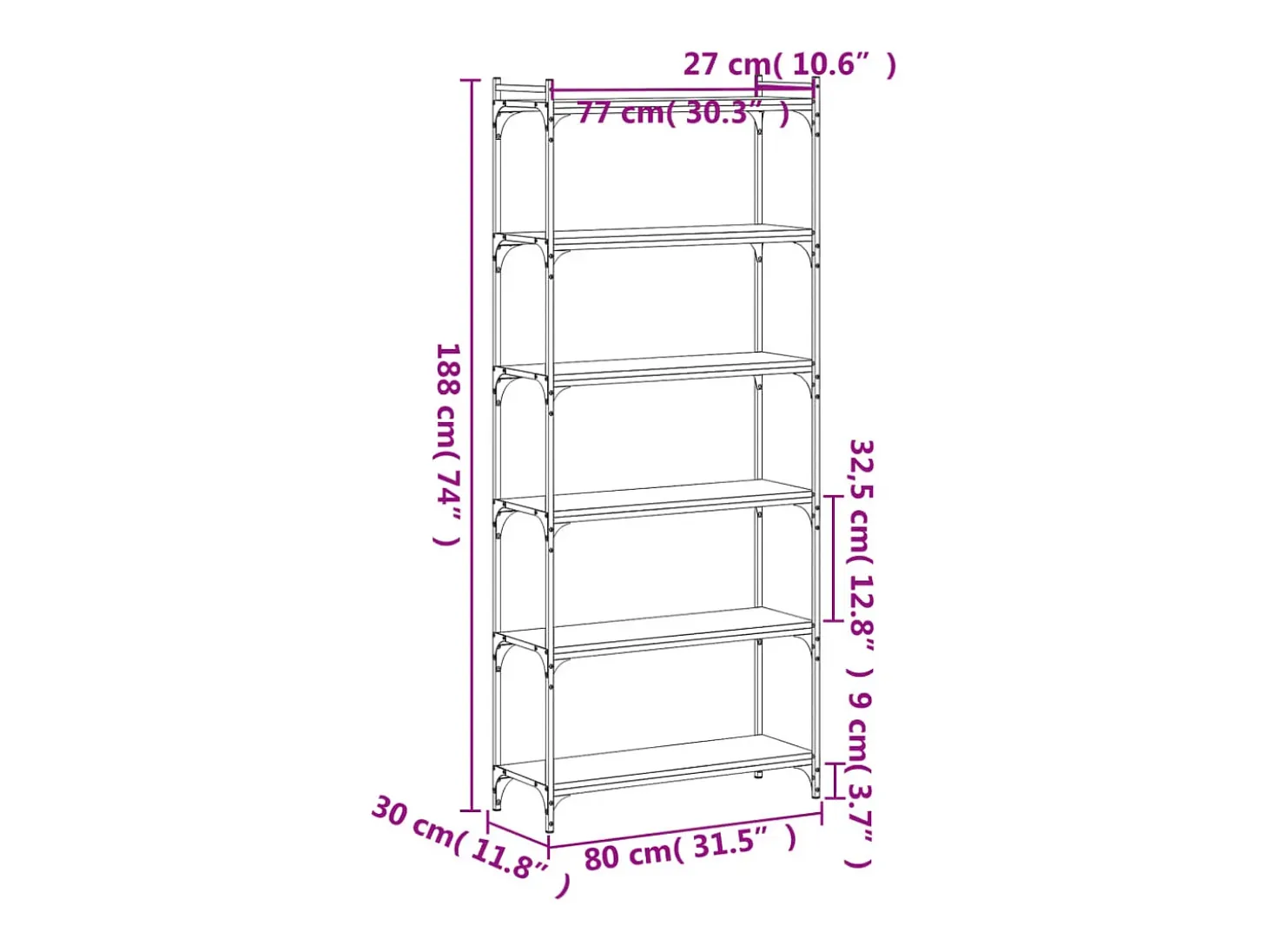 Librería de 6 estantes madera de ingeniería negro 80x30x188 cm