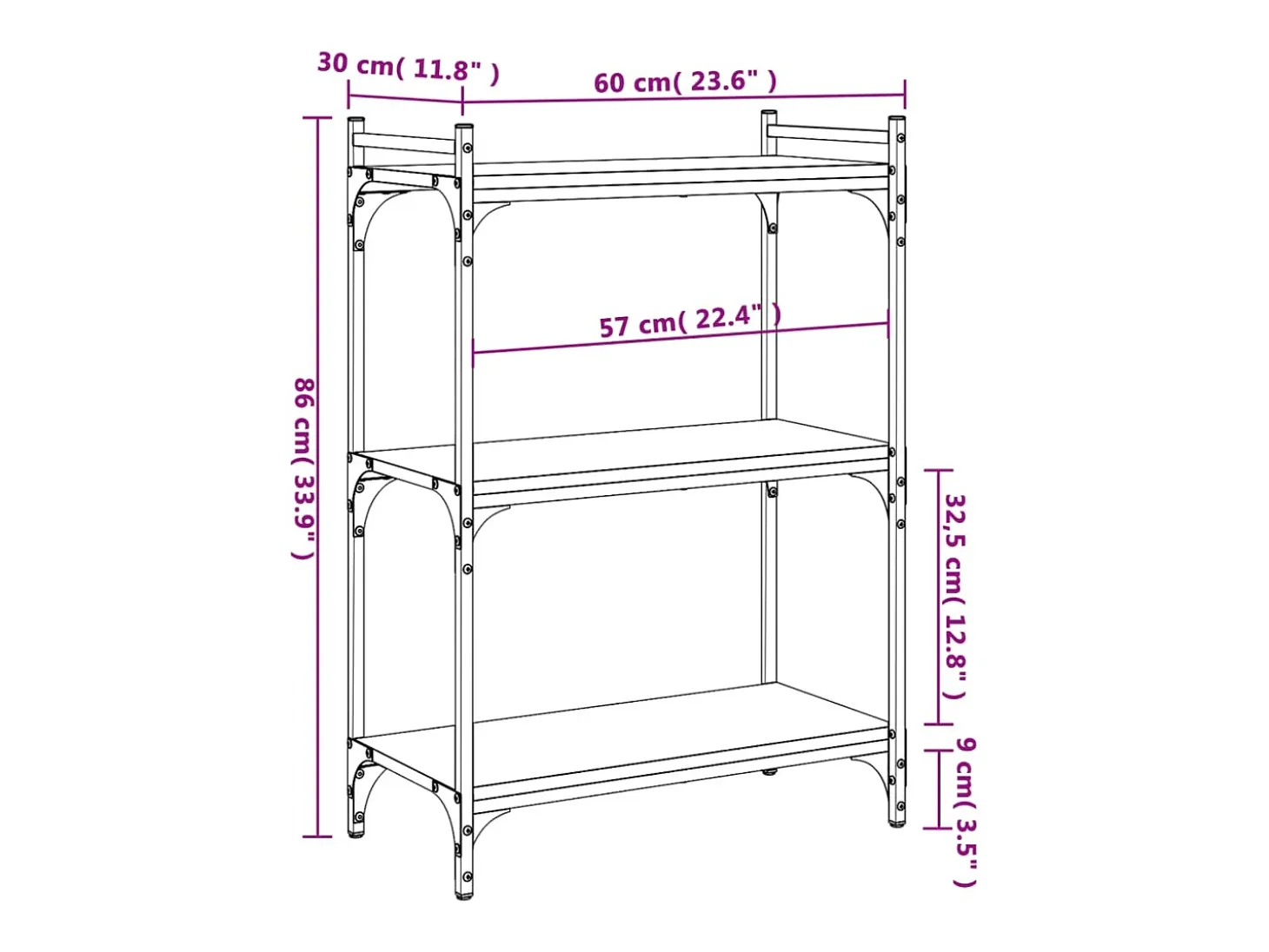 Librería de 3 estantes madera de ingeniería negro 60x30x86 cm