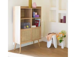Librería de 5 estantes, puertas correderas, efecto madera y caña