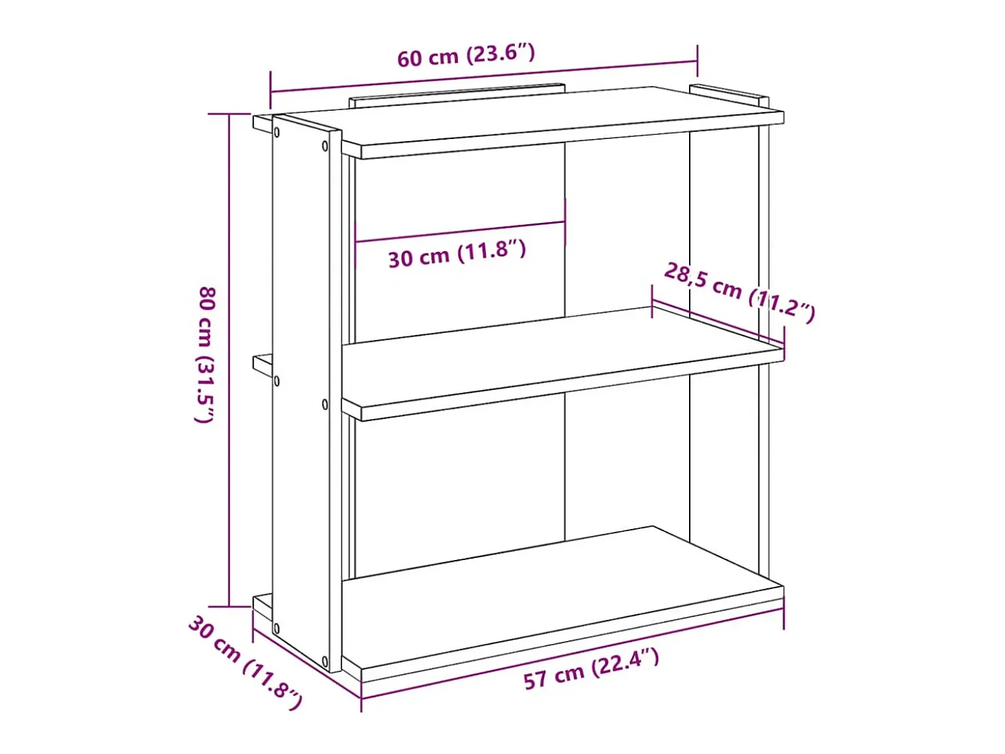 Librería de 3 niveles madera gris hormigón 60x30x80 cm