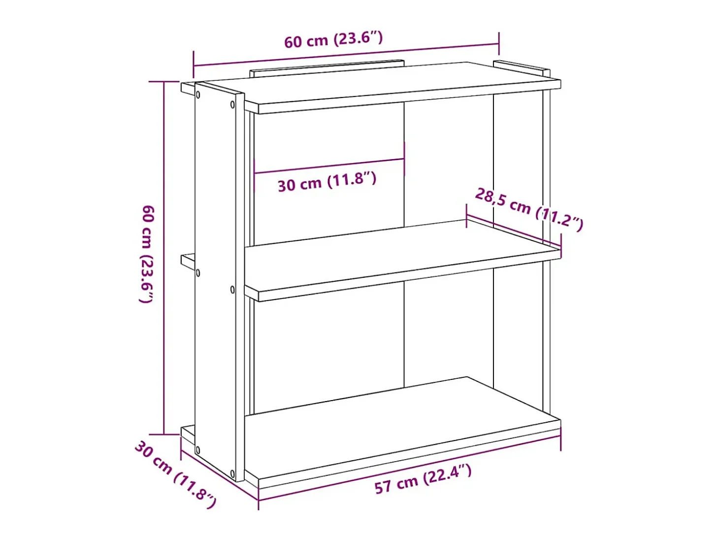 Librería de 3 niveles madera gris hormigón 60x30x60 cm
