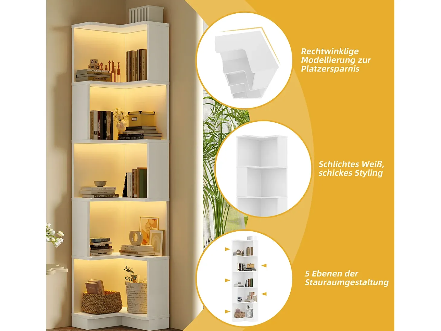 Librería de esquina - 63,5 x 45 x 175 cm - con LED + 5 niveles de almacenaje - MDF - blanco