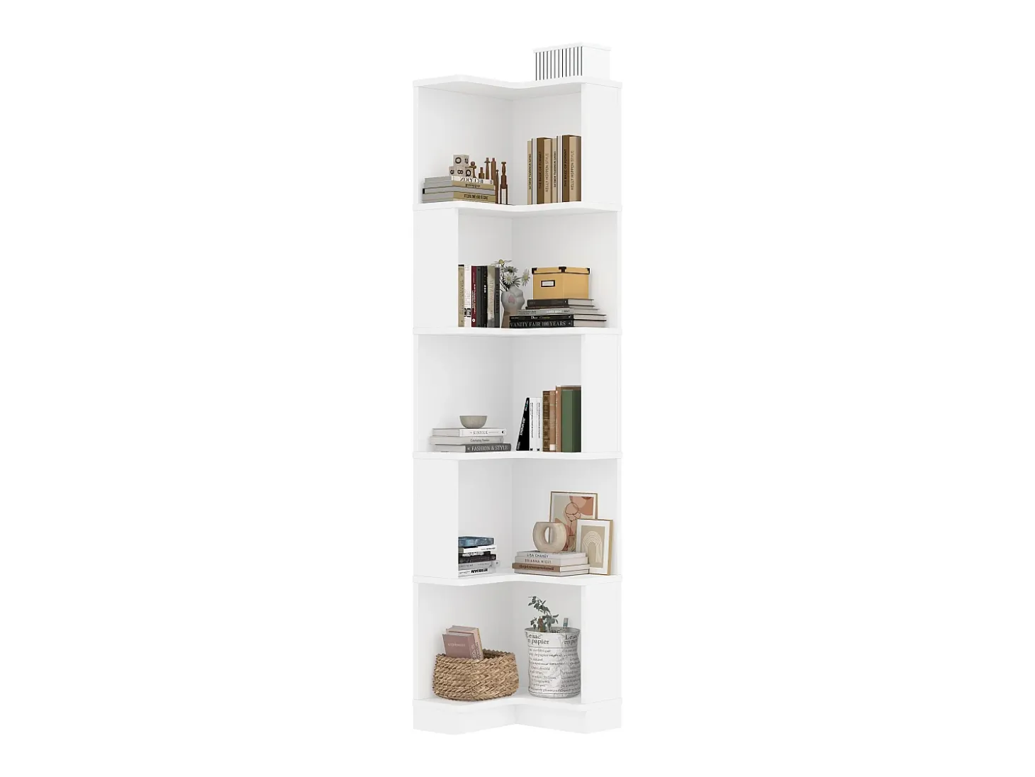 Librería de esquina - 63,5 x 45 x 175 cm - con LED + 5 niveles de almacenaje - MDF - blanco