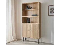 Librería de madera y metal negro con 2 puertas natural