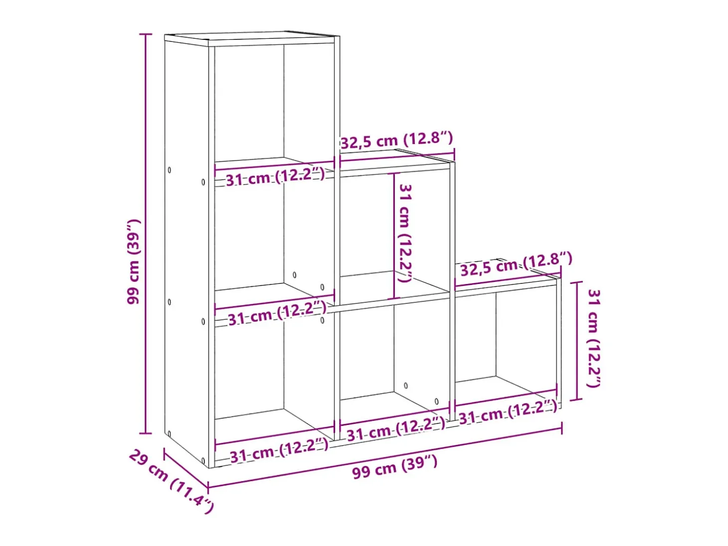 Librería divisor 3 niveles madera roble artisan 99x29x99 cm