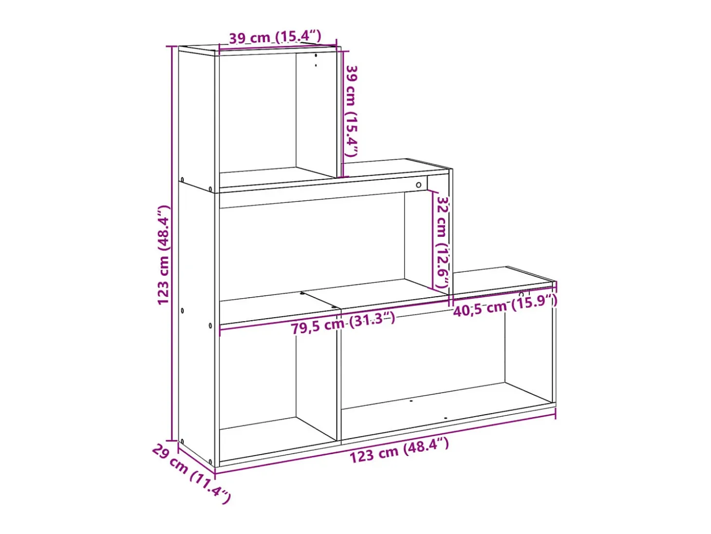 Librería divisora 3 niveles madera marrón roble 123x29x123 cm