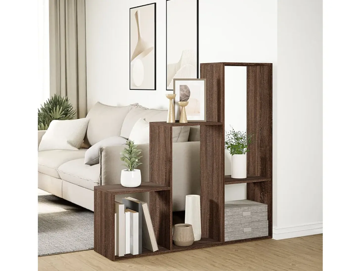 Librería divisora 3 niveles madera marrón roble 123x29x123 cm