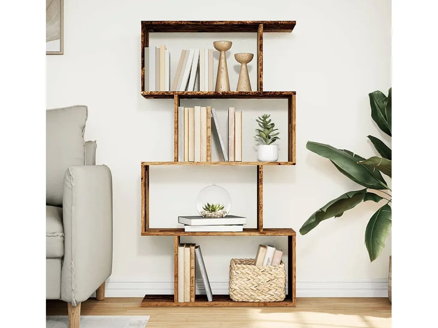 Librería divisora 4 niveles madera envejecida 70x24x129 cm