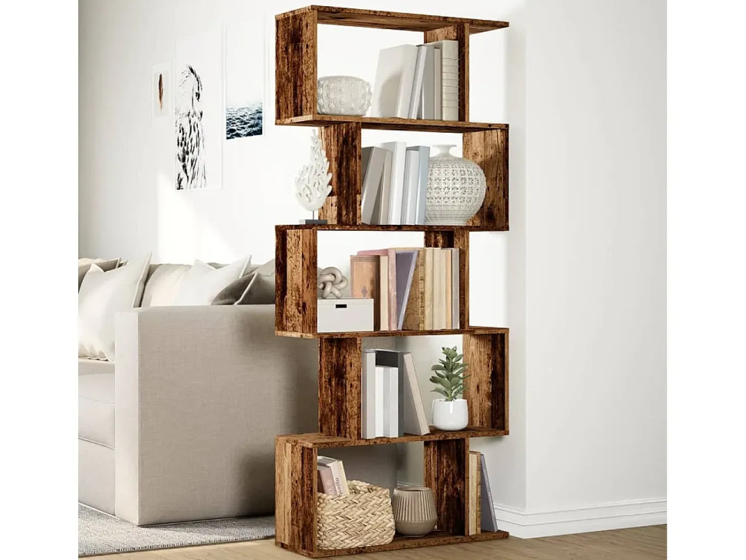 Librería divisora 5 niveles madera envejecida 70x24x161 cm