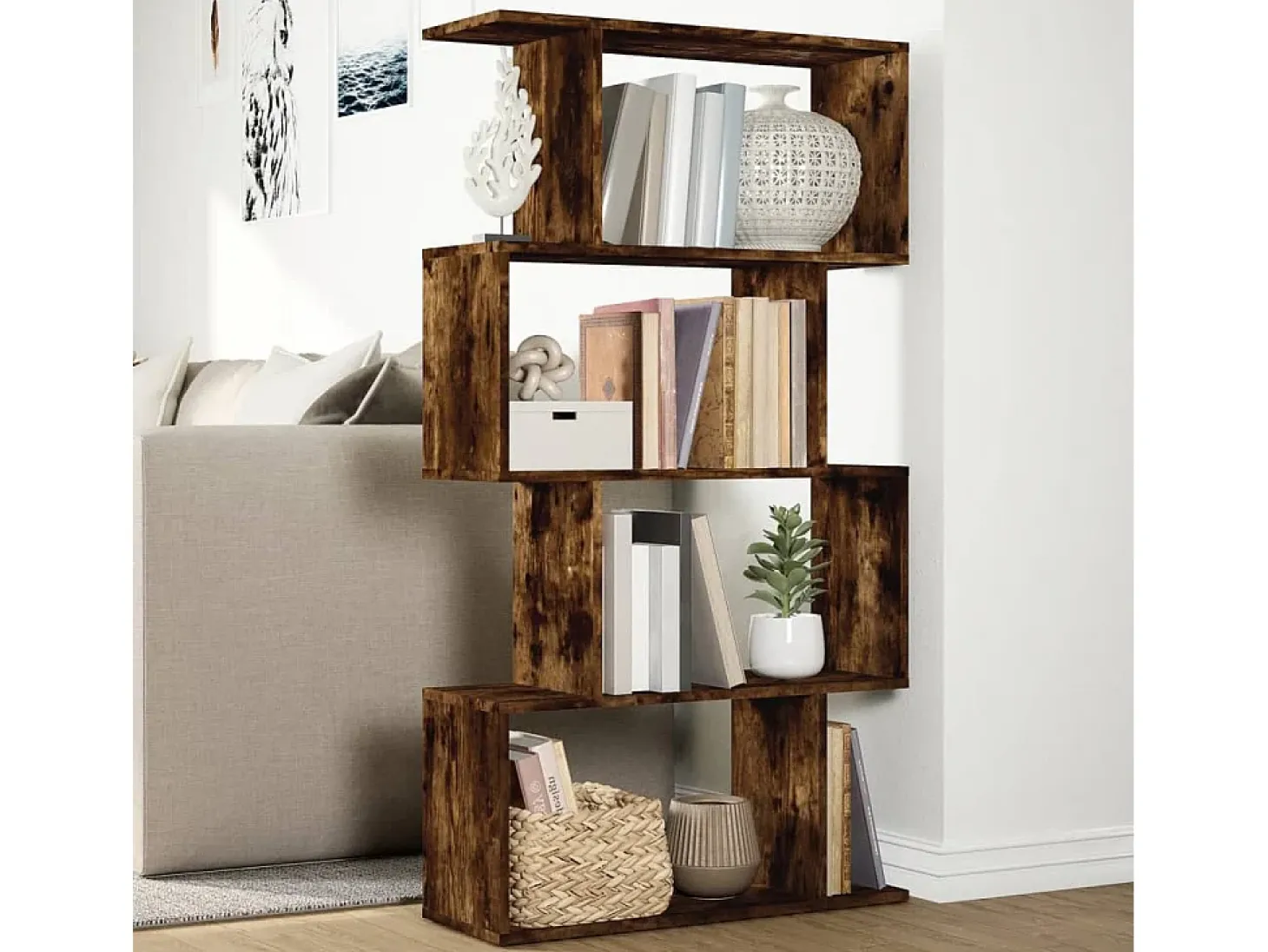 Librería divisora 4 niveles madera roble ahumado 70x24x129 cm