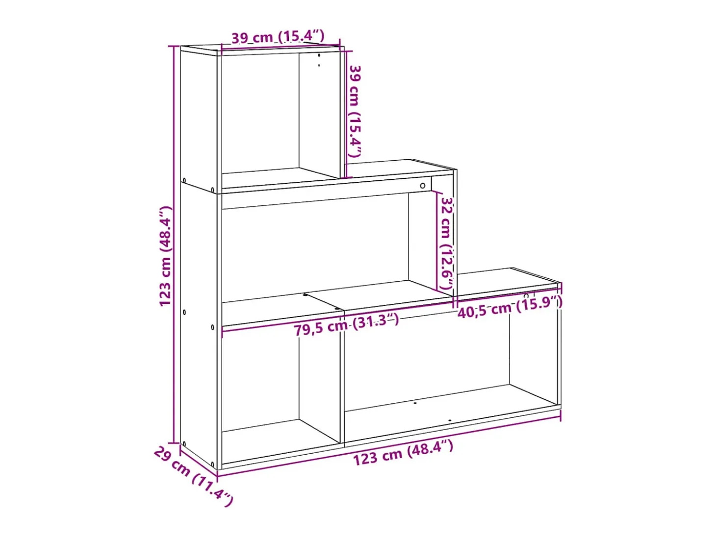 Librería divisora 3 niveles madera negro 123x29x123 cm
