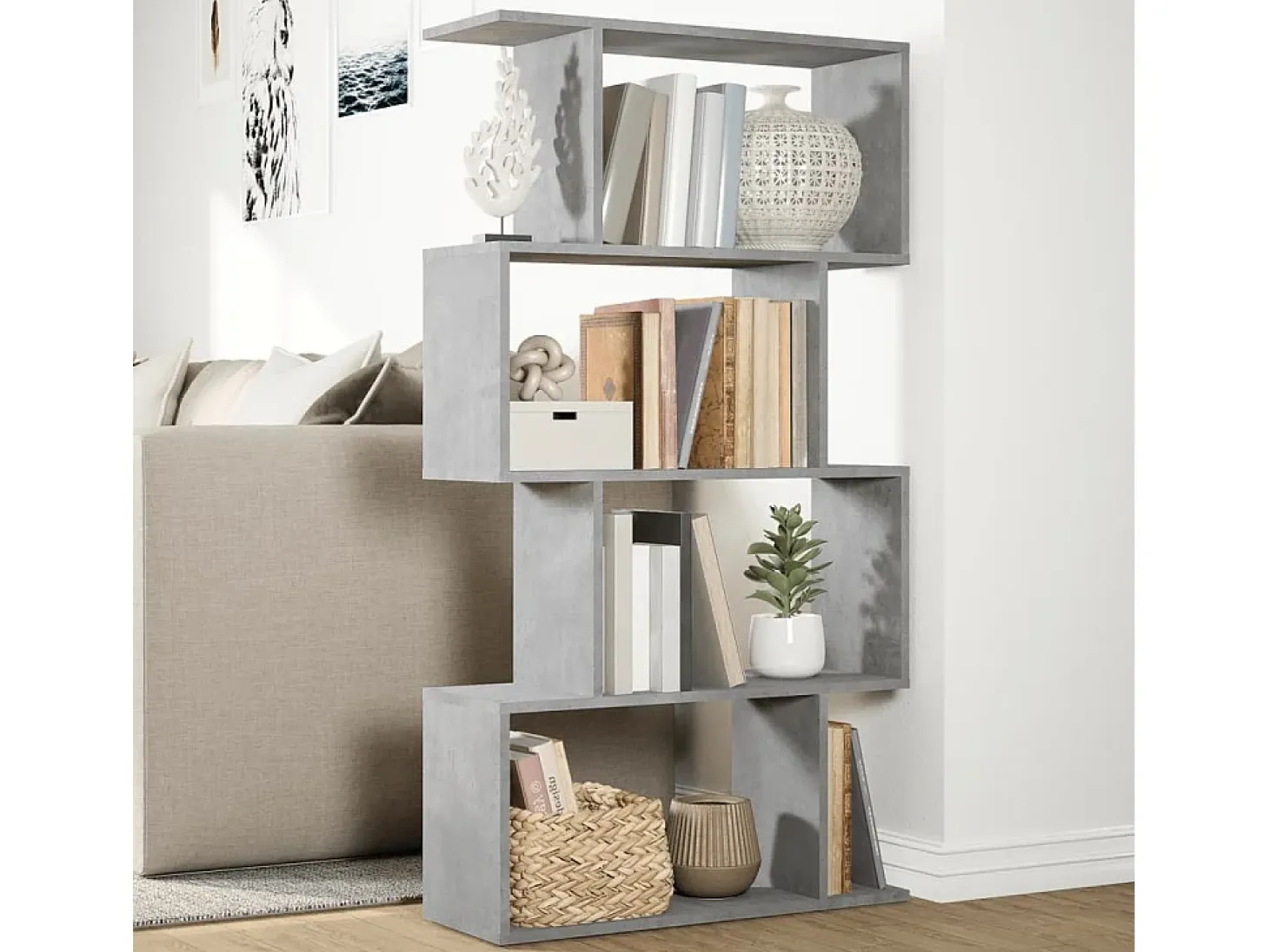 Librería divisora 4 niveles madera gris hormigón 70x24x129 cm
