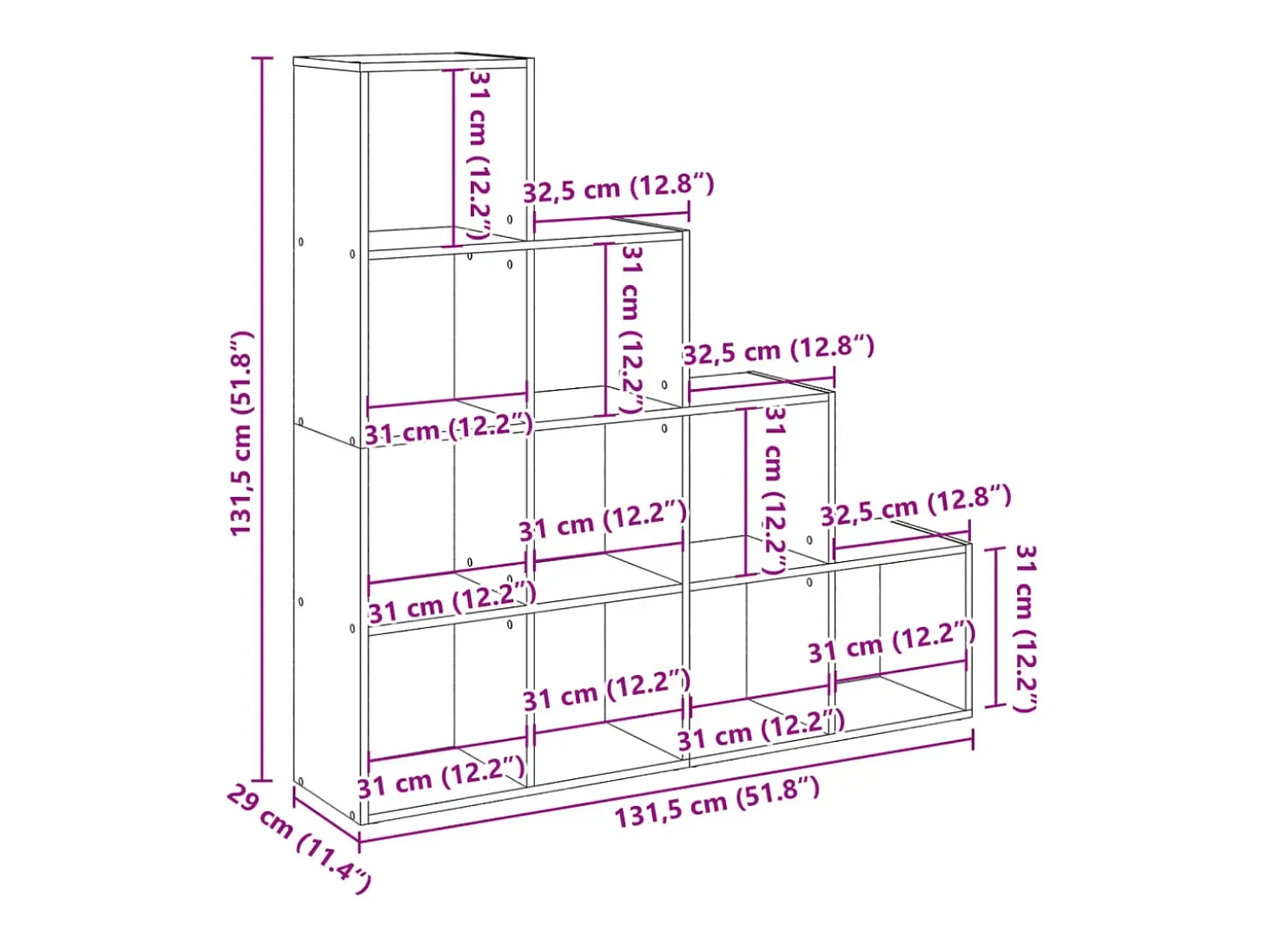 Librería divisora 4 niveles madera gris 131,5x29x131,5 cm