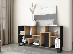Librería estantería, 174x67x31, Diseño industrial, Negro y roble