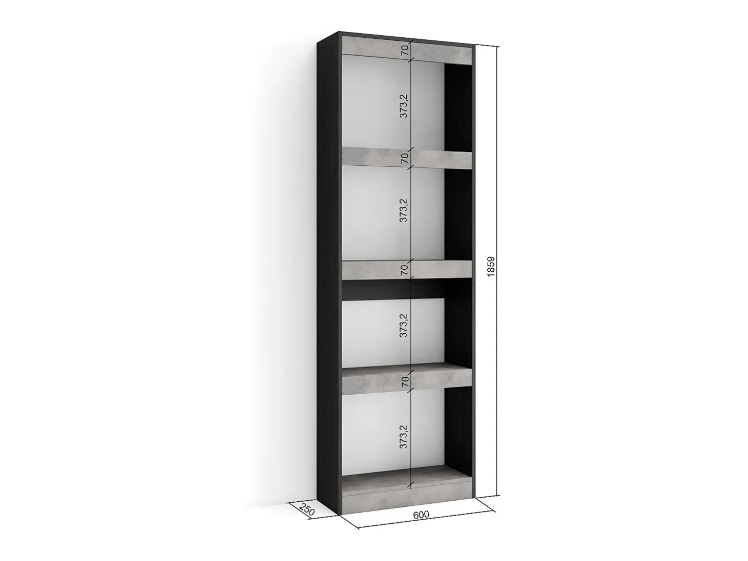Librería estantería, 60x25x186cm, Salón - Comedor - Oficina, Con Almacenaje, Cemento