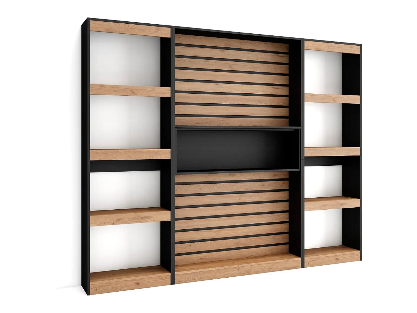 Librería estantería, 230x25x186cm, Salón - Comedor - Oficina, Con Almacenaje, Roble y negro