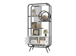Librería moderna de metal 80×30×180 cm - mueble con 2 puertas - 3 estantes - decoración circular - blanco + negro