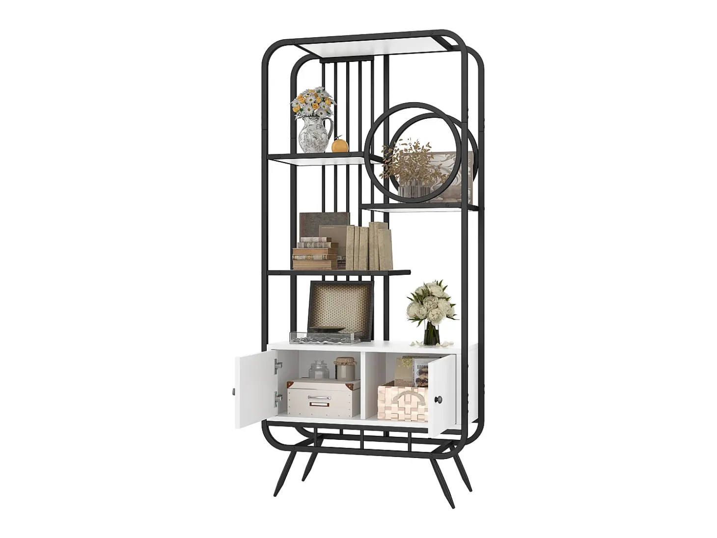 Librería moderna de metal 80×30×180 cm - mueble con 2 puertas - 3 estantes - decoración circular - blanco + negro