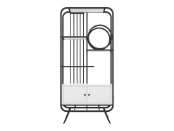 Librería moderna de metal 80×30×180 cm - mueble con 2 puertas - 3 estantes - decoración circular - blanco + negro