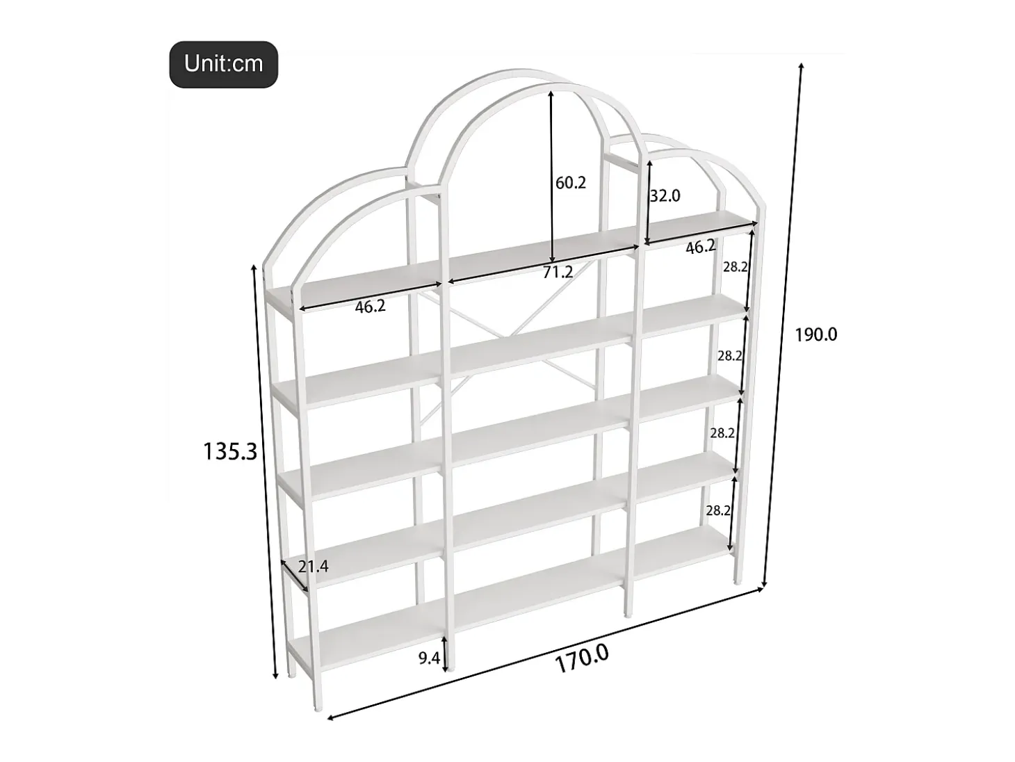 Librería moderna de metal 170×26×190 cm - forma de nube - 5 niveles de almacenamiento - blanco