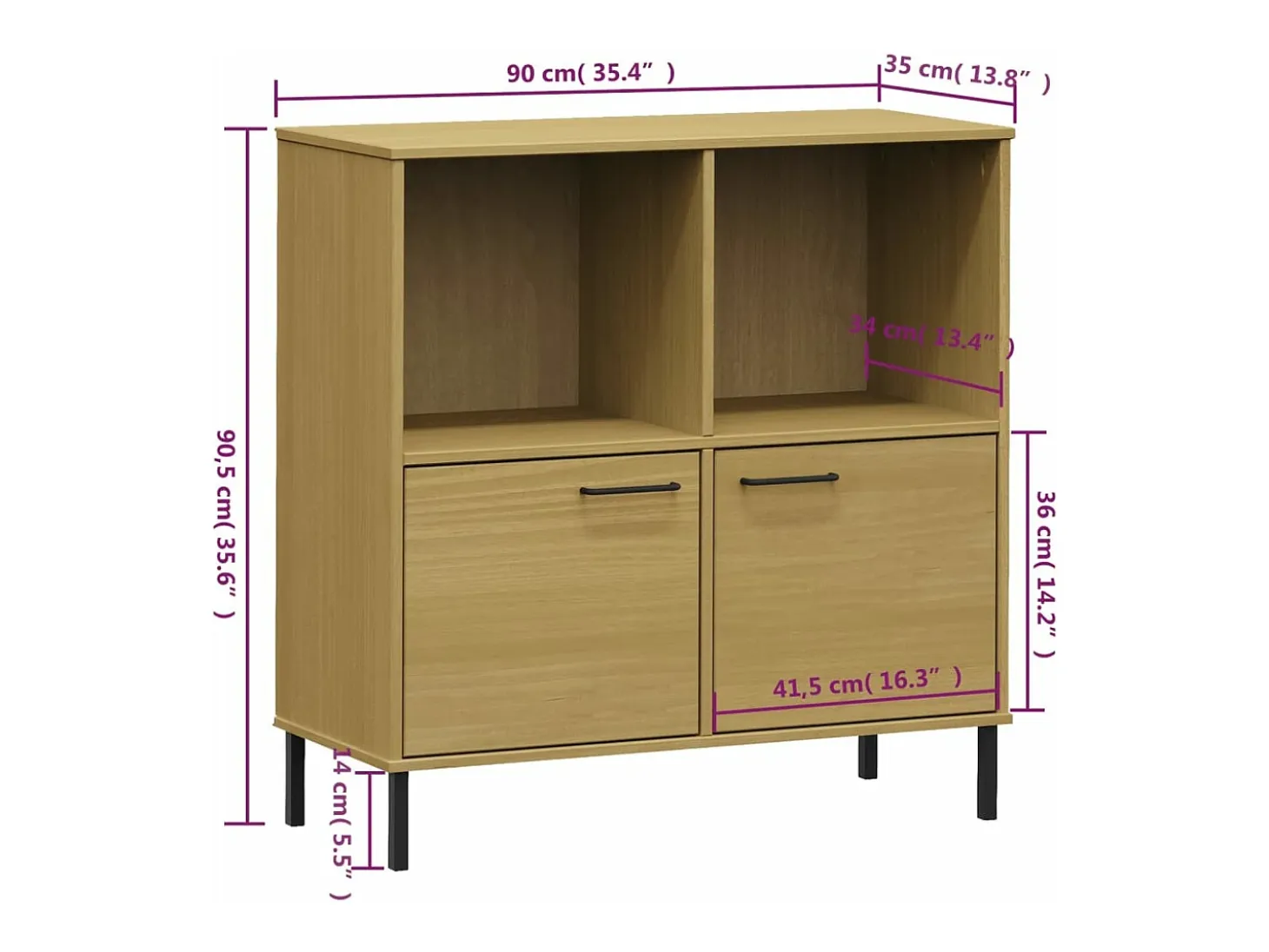 Librería patas de metal OSLO madera maciza marrón 90x35x90,5 cm