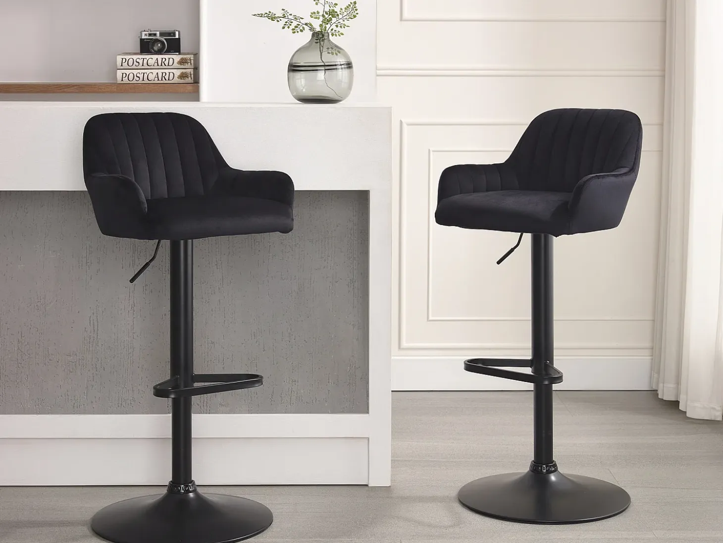 Lote de 2 taburetes de bar de terciopelo y metal - Altura ajustable - Negro - ELEANA