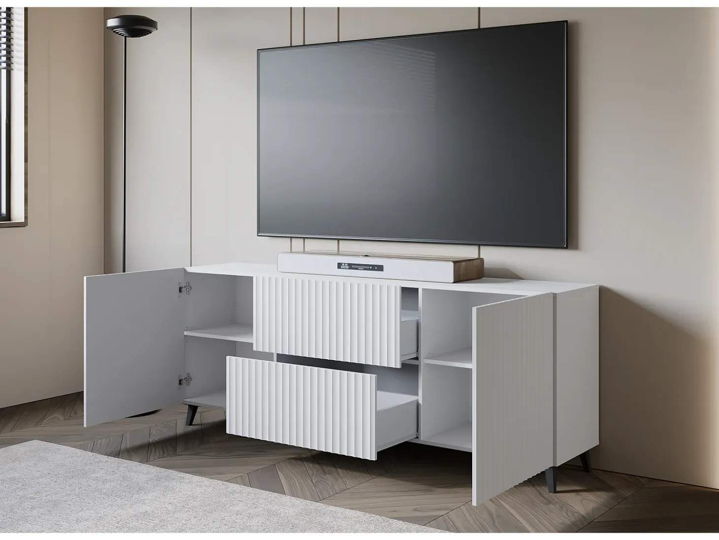 Lowboard moderno de 180 cm blanco, mueble de TV con frentes acanalados, 2 cajones y 2 armarios laterales
