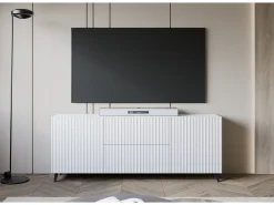 Lowboard moderno de 180 cm blanco, mueble de TV con frentes acanalados, 2 cajones y 2 armarios laterales