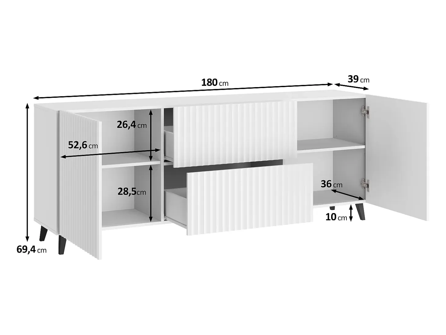 Lowboard moderno de 180 cm blanco, mueble de TV con frentes acanalados, 2 cajones y 2 armarios laterales