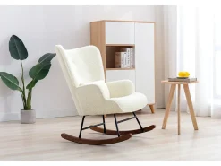 Mecedora Bebé Lactancia Mecedora en Tela Bouclette Mecedora Estilo Escandinavo en Madera de Caucho, Beige