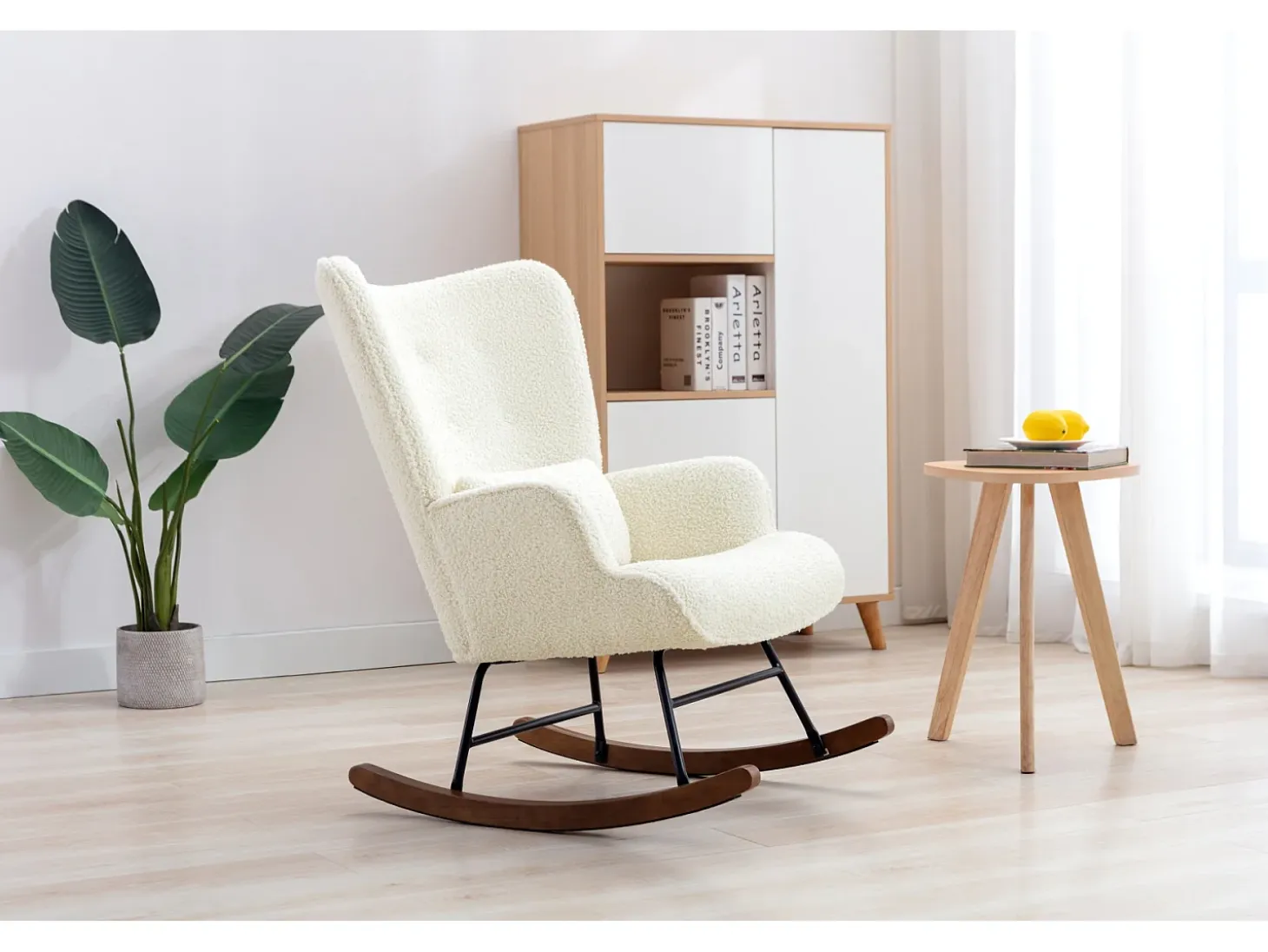 Mecedora Bebé Lactancia Mecedora en Tela Bouclette Mecedora Estilo Escandinavo en Madera de Caucho, Beige