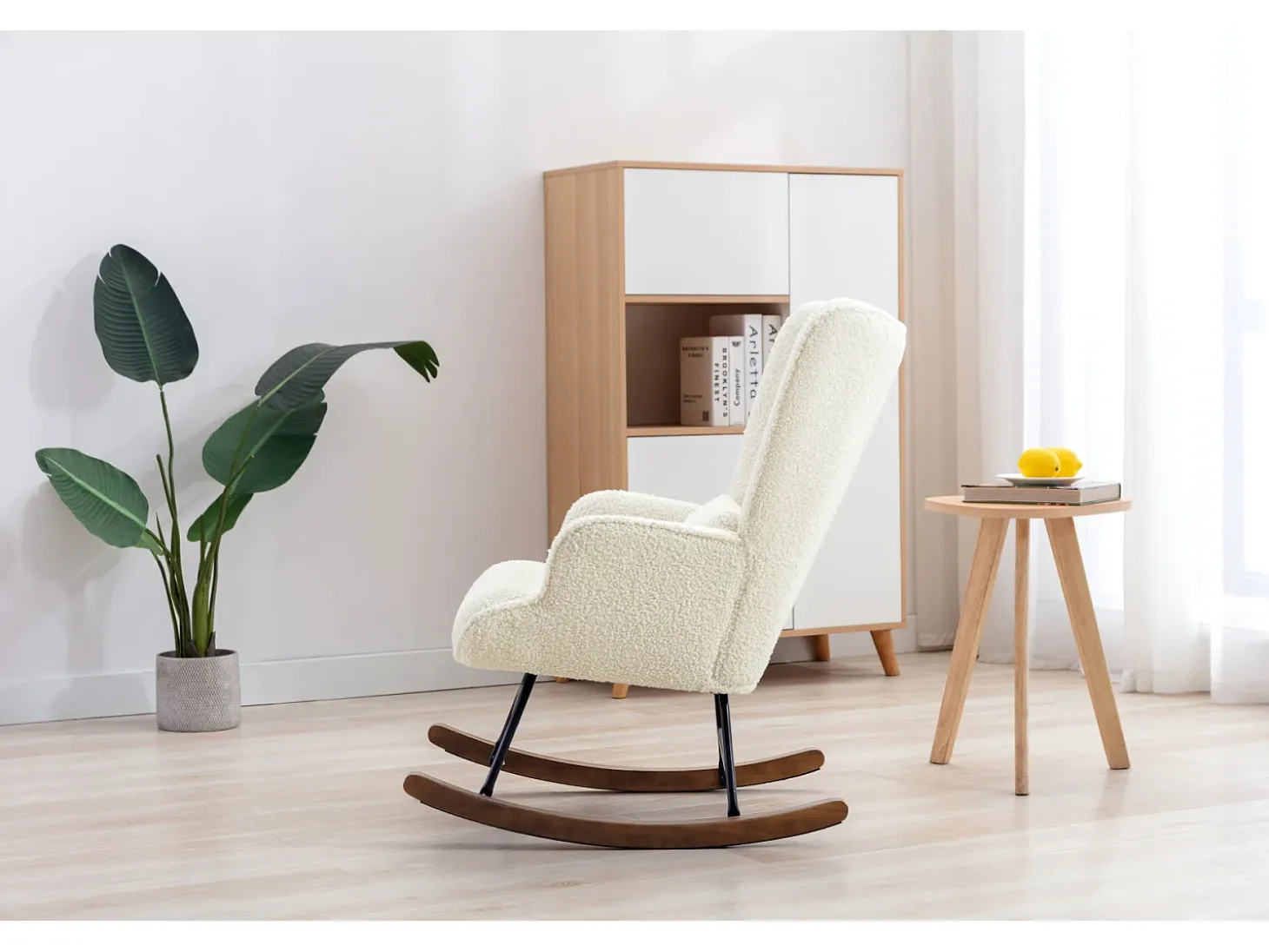 Mecedora Bebé Lactancia Mecedora en Tela Bouclette Mecedora Estilo Escandinavo en Madera de Caucho, Beige