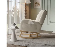 Mecedora con base y respaldo de madera, Sillón relax para salón, Lino, Beige