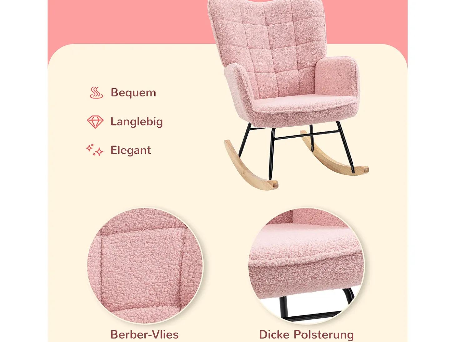 Mecedora con estructura de acero y madera imitación lana de cordero, color rosa (71x98x101cm)